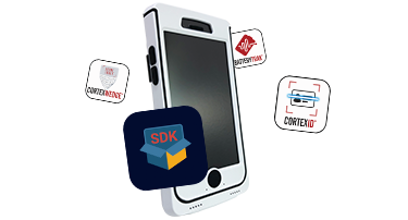 Phone with four Code software icons (CortexWedge, SDK, CortexID, and BatteryTrak)
