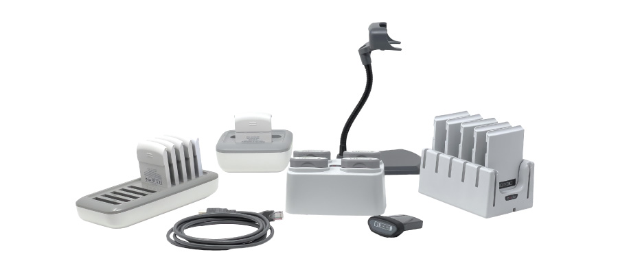 Various Code accessories including a battery, battery chargers, scanner mounts, and a cable